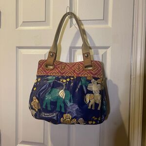 Fossil Key Per Elephant Print Large Coated Canvas Navy Blue & cream Tote Bag.